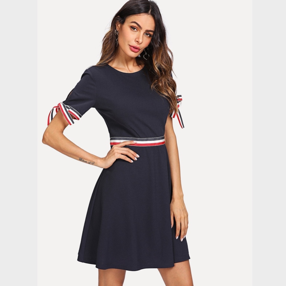 Knot Cuff Striped Fit & Flare Navy Dress - Picture 2 of 8